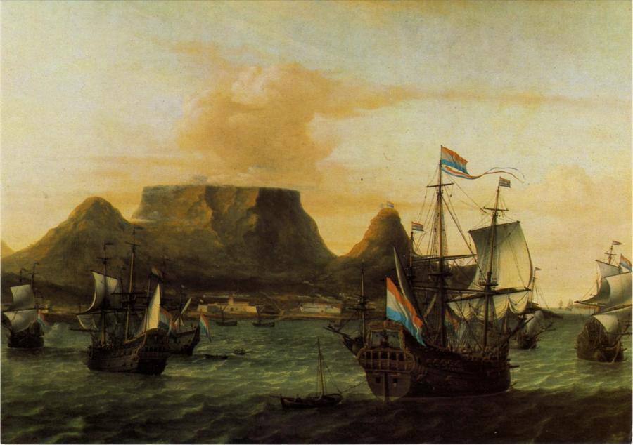 Obraz z XVII w. pokazujący holenderskie statki na tle Góry Stołowej. Źródło: Wikipedia / 1683 William Fehr Collection Cape Town