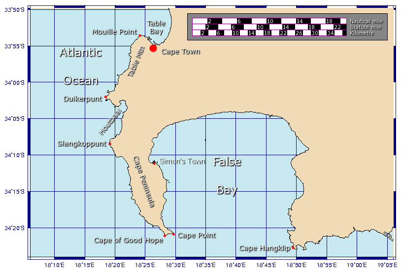 Mapa Półwyspu Przylądkowego. Źródło: Wikipedia / Johantheghost.