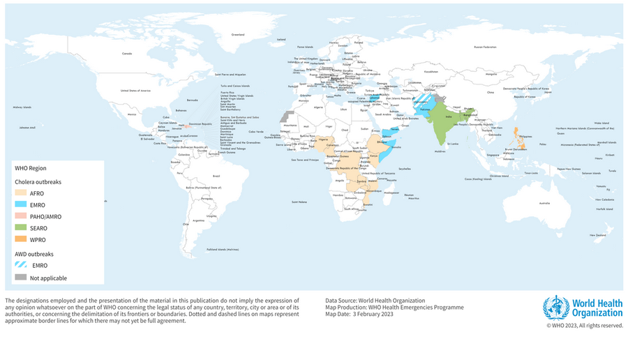 Mapa WHO pokazująca ogniska występowania cholery (luty 2023).