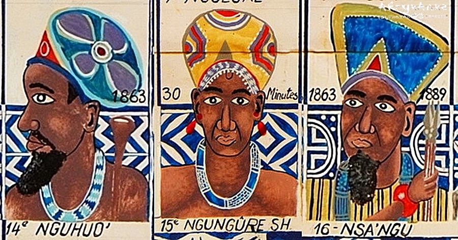 Od lewej: dawny niewolnik, któl Nguho, królowa przez 30 minut: Ngungure i jej syn Nsangu.
