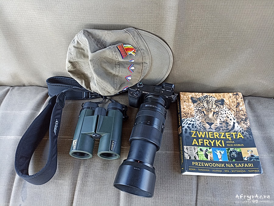 Podstawowy zestaw na safari: książka, lornetka, aparat i czapka z daszkiem.