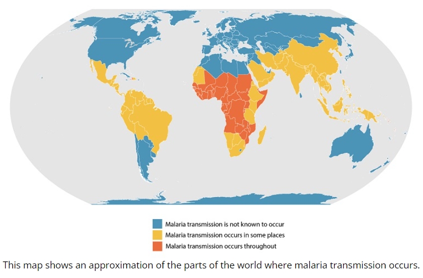 Mapa gdzie występuje malaria.